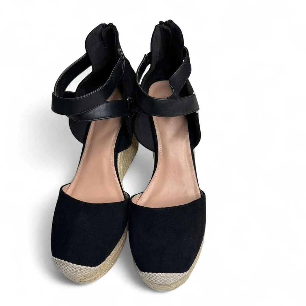 Black Suede Espadrille Wedge Sandals Boho Festival